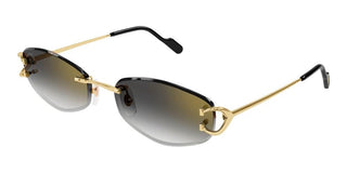 Cartier The Signature C De Cartier line is as respectful of the Maison’s rich tradition as it is edgy and innovative in its reinterpretation of vintage allure, expressed in a rimless rectangular shape enriched with the exquisite C Décor detail as an instant reference to Cartier’s iconic jewellery pieces. CT0467S women Gold Rectangle Sunglasses